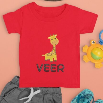 Giraffe Embroidery with custom Name Tshirt for kids