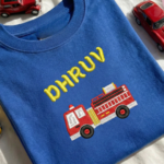 FireTruck Embroidery with custom Name Tshirt for kids