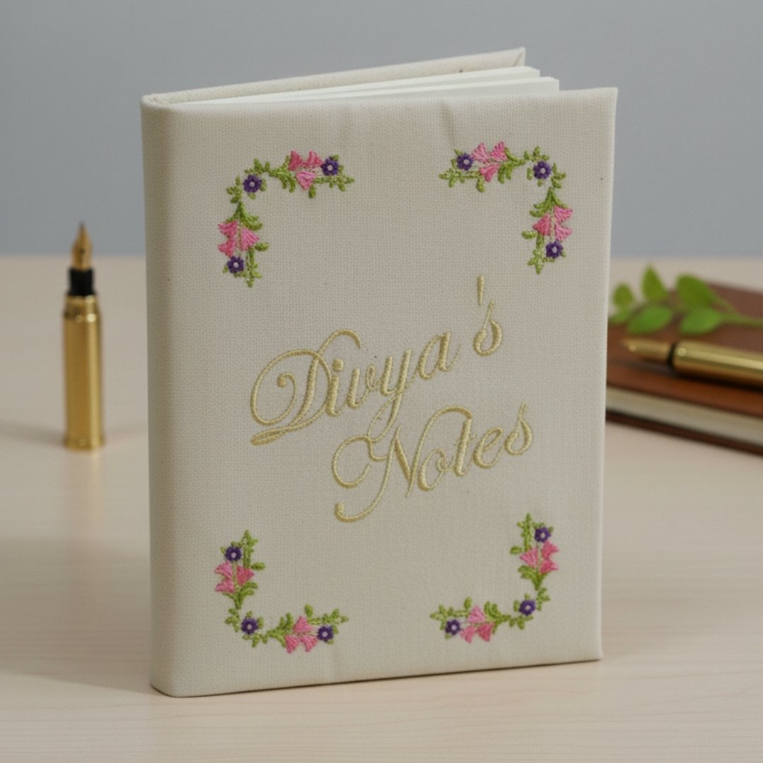 Notebook_Divya1 Notebook - your name and Art Embroidery-Design Divyas Notes - Image 1