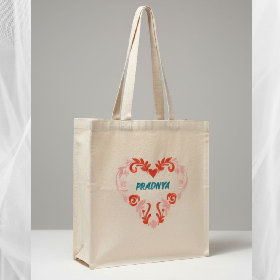 Tote bag_red and pink heart_Pradnya Tote Bag- with Name Art Embroidery-Design Heart Red and Pink - Image 1