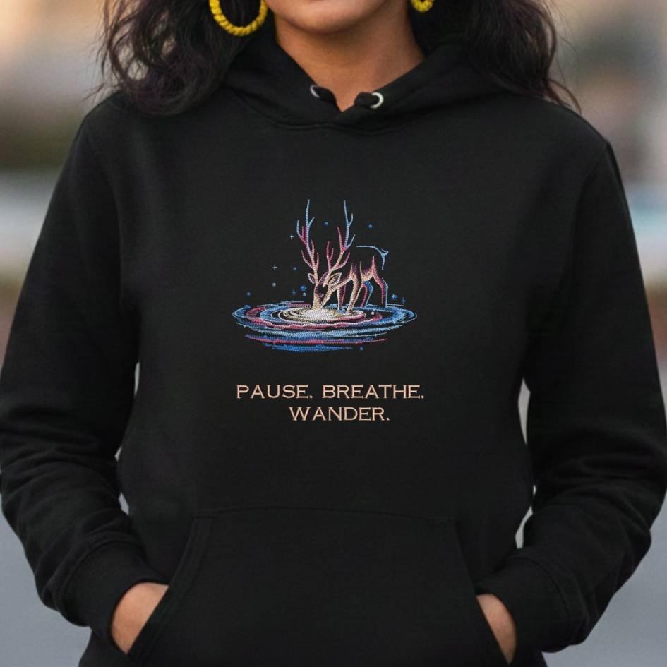 Deer_Pause_Hoodie_Embroidery (4) Embroidered Unisex Hooded Sweatshirt - Drinking Deer - Image 1