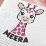 White Towel Pink Giraffe Embroidery With Custom Name