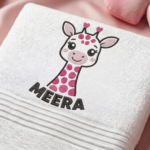 White Towel Pink Giraffe Embroidery With Custom Name - Image 2