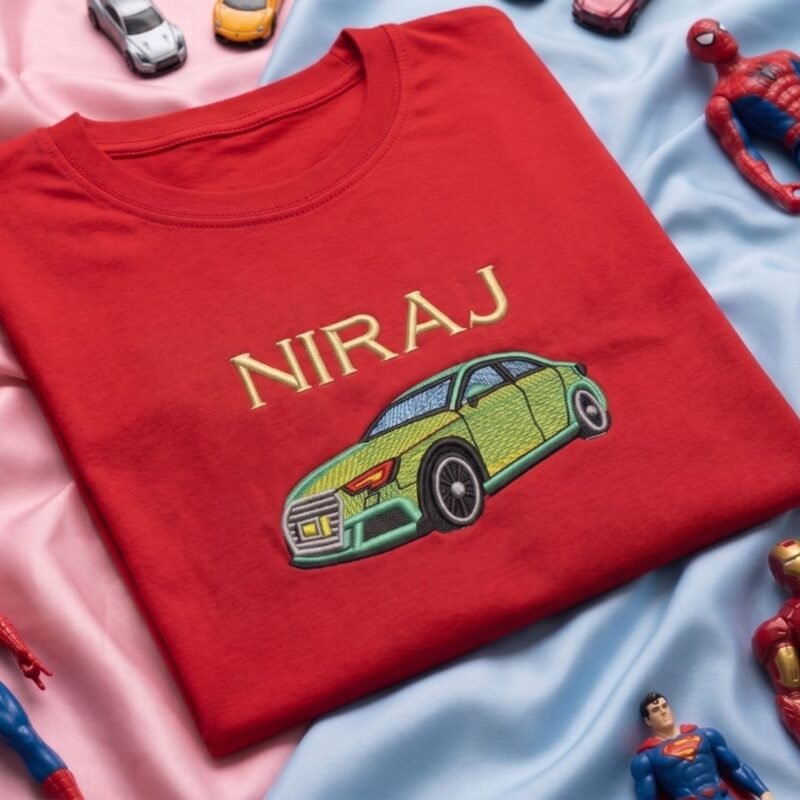 Car Green Sedan Design embroidered kids tshirt with custom name