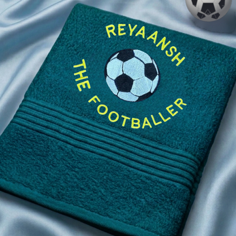 Petrol blue towel with football embroidery and custom name Reyaansh