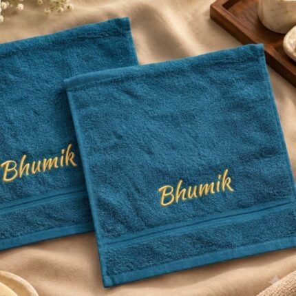 Face towels pair with name embroidery - petrol blue