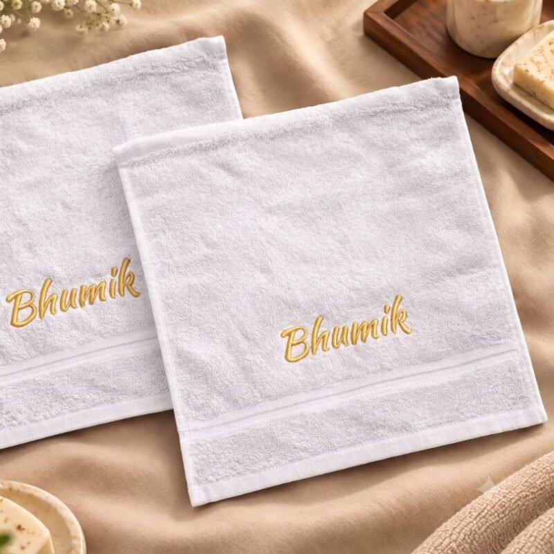 Face towels pair with name embroidery - white