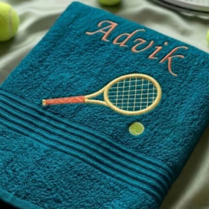 Petrol blue towel with embroidered tennis racket, ball and custom name