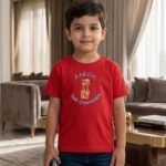 Boy wearing red tshirt with Cricket Batsman embroidery design
