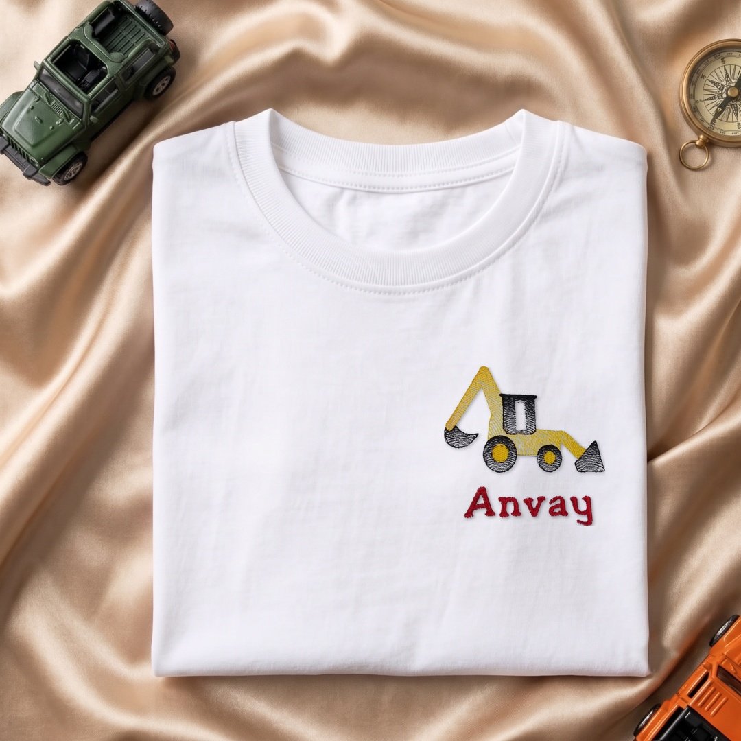 Excavator pocket design embroidery kids tshirt white folded Excavator pocket design embroidered kids tshirt in white, folded, with custom name