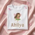 Folded white kids t-shirt with Fairy embroidery design and custom name Ahilya on pink satin cloth