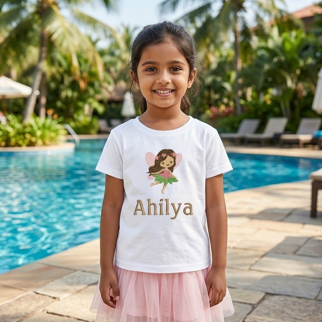 Fairy custom name tshirt girl Smiling Indian girl in a white kids t-shirt with Fairy embroidery design and custom name Ahilya by a swimming pool