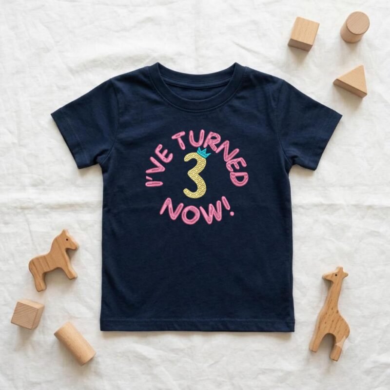 Navy blue kids tshirt with I've Turned 3 Now! birthday embroidery, age can be customised