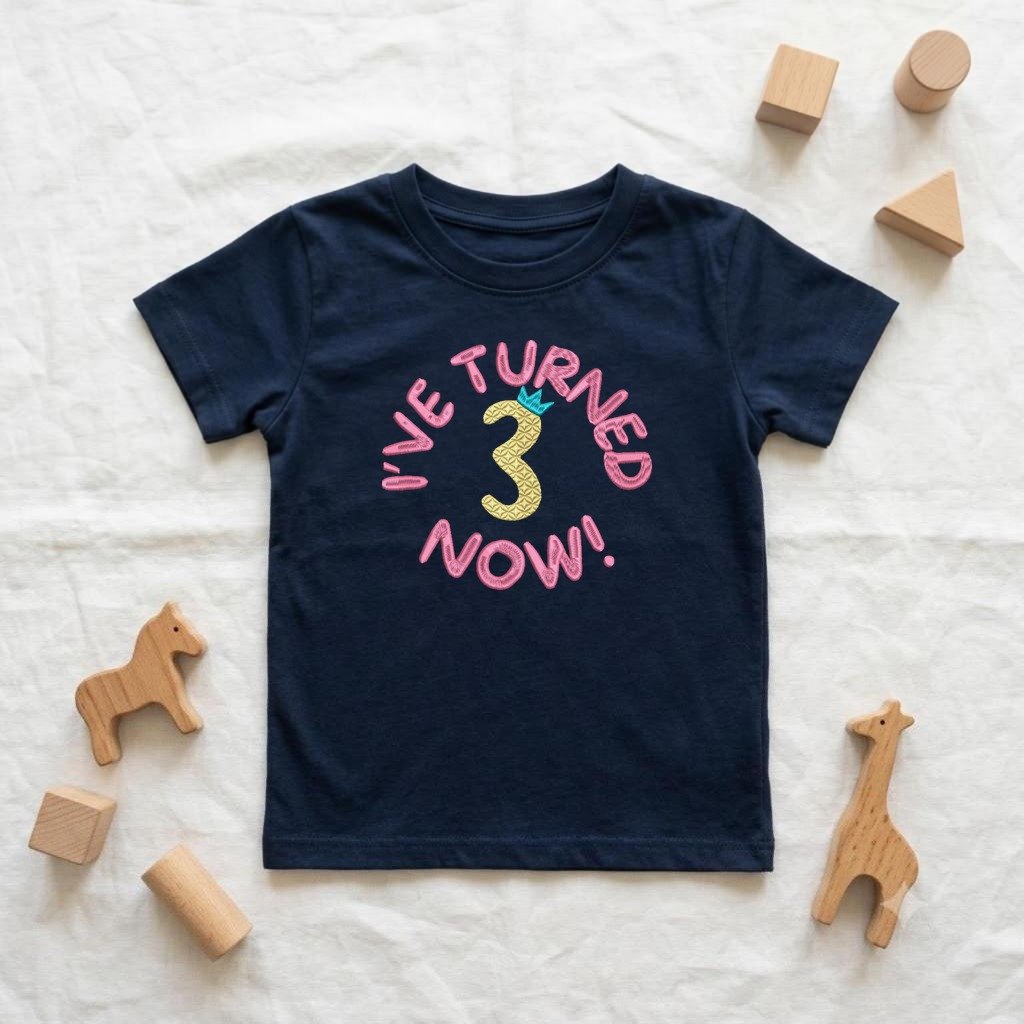 I've Turned 3 embroidery navy tshirt for kids Navy blue kids tshirt with I've Turned 3 Now! birthday embroidery, age can be customised