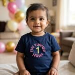 Baby girl wearing a navy blue kids tshirt with I've Turned 1 Now! birthday embroidery