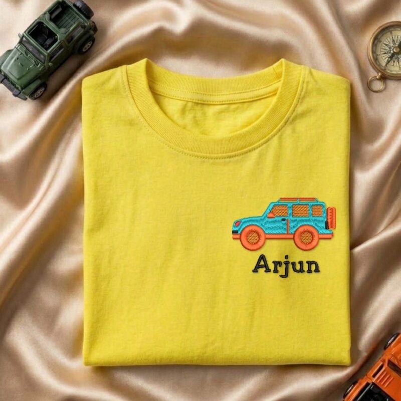 JeepOne embroidered kids tshirt in lemon yellow, folded, with custom name
